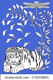 Art therapy coloring page. Coloring Book for adults and children. Colouring pictures with tiger. Antistress freehand sketch drawing with doodle and zentangle elements.
