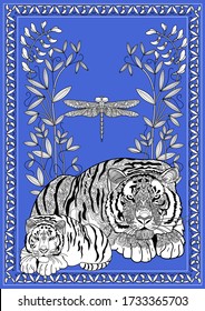 Art therapy coloring page. Coloring Book for adults and children. Colouring pictures with tiger. Antistress freehand sketch drawing with doodle and zentangle elements.