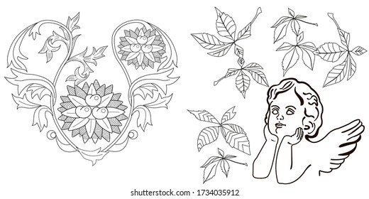 Art therapy coloring page. Coloring Book for adults. Colouring pictures with angel. Antistress freehand sketch drawing with doodle and zentangle elements.