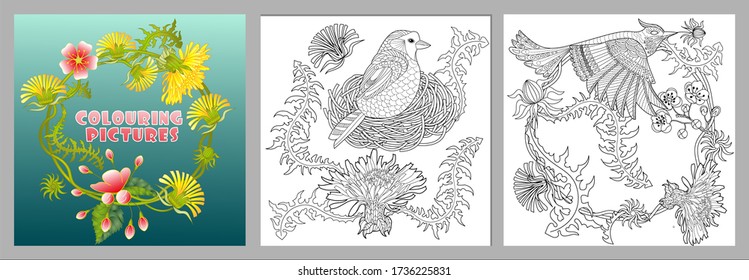 Art therapy coloring page. Coloring Book for adults and children. Colouring pictures with bird and flowers. Antistress freehand sketch drawing with doodle and zentangle elements.