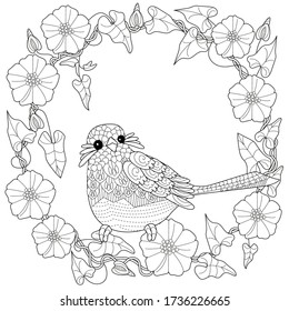 Art therapy coloring page. Coloring Book for adults and children. Colouring pictures with bird and flowers. Antistress freehand sketch drawing with doodle and zentangle elements.