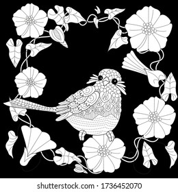 Art therapy coloring page. Coloring Book for adults and children. Colouring pictures with bird and flowers. Antistress freehand sketch drawing with doodle and zentangle elements.