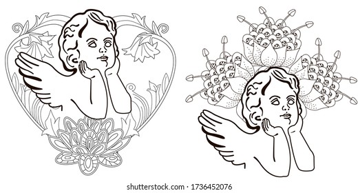 Art therapy coloring page. Coloring Book for adults. Colouring pictures with angel. Antistress freehand sketch drawing with doodle and zentangle elements.