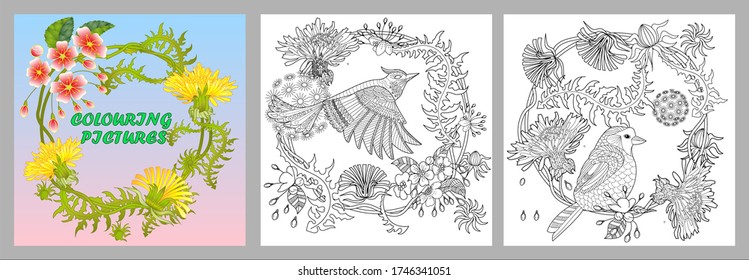 Art therapy coloring page. Coloring Book for adults. Colouring pictures with flowers and birds. Antistress freehand sketch drawing with doodle and zentangle elements.