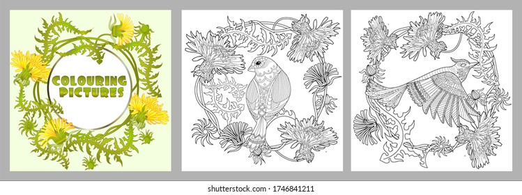 Art therapy coloring page. Coloring Book for adults. Colouring pictures with flowers and birds. Antistress freehand sketch drawing with doodle and zentangle elements.