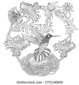 Art therapy coloring page. Coloring Book for adults. Colouring pictures with flowers and birds. Antistress freehand sketch drawing with doodle and zentangle elements.