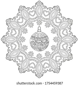 Art therapy coloring page. Coloring Book for adults and children. Christmas Tree Ornament. Art therapy coloring page. Antistress freehand sketch drawing with doodle and zentangle elements.