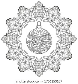 Art therapy coloring page. Coloring Book for adults and children. Christmas Tree Ornament. Art therapy coloring page. Antistress freehand sketch drawing with doodle and zentangle elements.