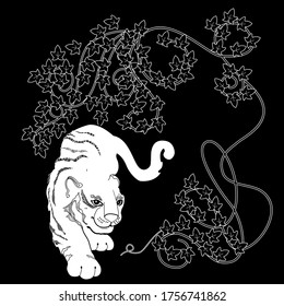 Art therapy coloring page. Coloring Book for adults and children. Colouring pictures with tiger. Antistress freehand sketch drawing with doodle and zentangle elements.
