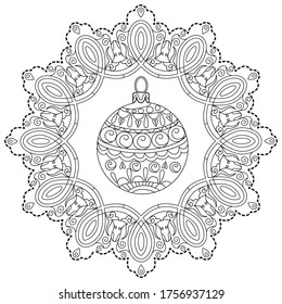 Art therapy coloring page. Coloring Book for adults and children. Christmas Tree Ornament. Art therapy coloring page. Antistress freehand sketch drawing with doodle and zentangle elements.