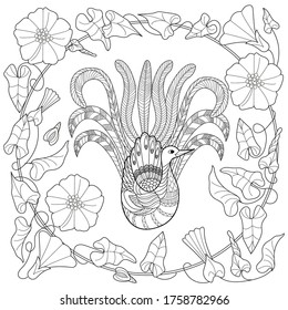 Art therapy coloring page. Coloring Book for adults and children. Colouring pictures with peacock and flowers. Antistress freehand sketch drawing with doodle and zentangle elements.