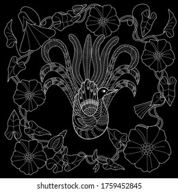 Art therapy coloring page. Coloring Book for adults and children. Colouring pictures with peacock and flowers. Antistress freehand sketch drawing with doodle and zentangle elements.