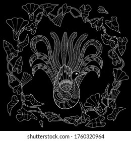 Art therapy coloring page. Coloring Book for adults and children. Colouring pictures with peacock and flowers. Antistress freehand sketch drawing with doodle and zentangle elements.