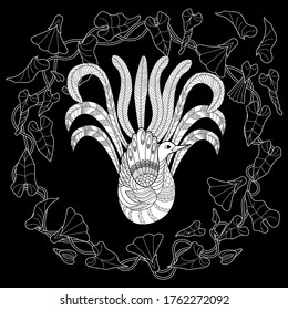 Art therapy coloring page. Coloring Book for adults and children. Colouring pictures with peacock and flowers. Antistress freehand sketch drawing with doodle and zentangle elements.