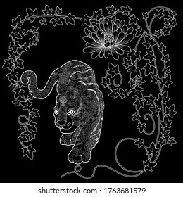 Art therapy coloring page. Coloring Book for adults and children. Colouring pictures with tiger. Antistress freehand sketch drawing with doodle and zentangle elements.