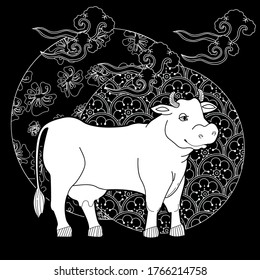 Art therapy coloring page. Coloring Book for children and adults. Colouring pictures with cow. Antistress freehand sketch drawing with doodle and zentangle elements.