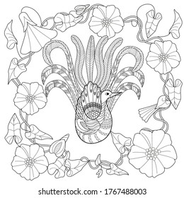 Art therapy coloring page. Coloring Book for adults and children. Cute wreath with peacock and flowers, vector illustration in vintage style. Antistress freehand sketch drawing with doodle and zentang
