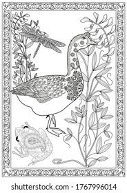 Art therapy coloring page. Coloring Book for children and adults. Colouring pictures with goose. Antistress freehand sketch drawing with doodle and zentangle elements.
