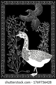 Art therapy coloring page. Coloring Book for children and adults. Colouring pictures with goose. Antistress freehand sketch drawing with doodle and zentangle elements.