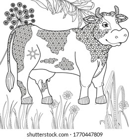 Art therapy coloring page. Coloring Book for children and adults. Colouring pictures with cow. Antistress freehand sketch drawing with doodle and zentangle elements.