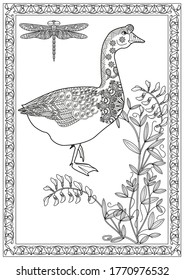 Art therapy coloring page. Coloring Book for children and adults. Colouring picture with a goose. Antistress freehand sketch drawing with doodle and zentangle elements.