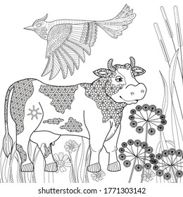 Art therapy coloring page. Coloring Book for children and adults. Colouring pictures with cow. Antistress freehand sketch drawing with doodle and zentangle elements.