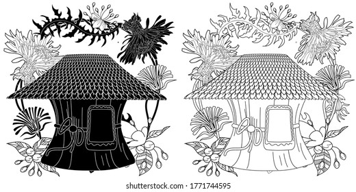 Art therapy coloring page. Coloring Book for adults and children. Cute wreath with birdhouse and flowers. Antistress freehand sketch drawing with doodle and zentangle elements.