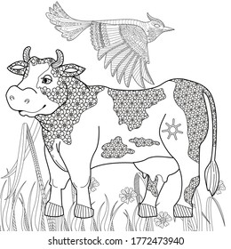 Art therapy coloring page. Coloring Book for children and adults. Colouring pictures with cow. Antistress freehand sketch drawing with doodle and zentangle elements.