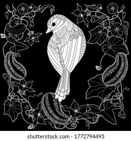Art therapy coloring page. Coloring Book for adults and children. Cute wreath with bird and flowers. Antistress freehand sketch drawing with doodle and zentangle elements.
