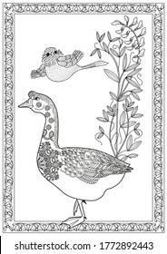 Art therapy coloring page. Coloring Book for children and adults. Colouring pictures with goose. Antistress freehand sketch drawing with doodle and zentangle elements.