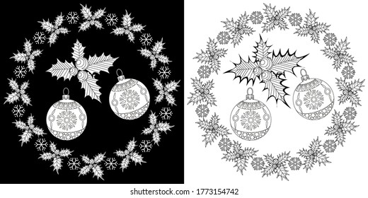 Art therapy coloring page. Coloring Book for adults and children. Outline Mandala and Christmas Tree Ornament for coloring book. Decorative round ornament.