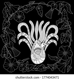 Página de coloreo de la terapia artística. Libro de Colores para adultos y niños. Corta correa con pavo real y flores, ilustración vectorial en estilo vintage. 