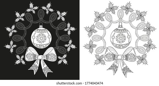 Art therapy coloring page. Coloring Book for adults and children. Outline Mandala and Christmas Tree Ornament for coloring book. Decorative round ornament.