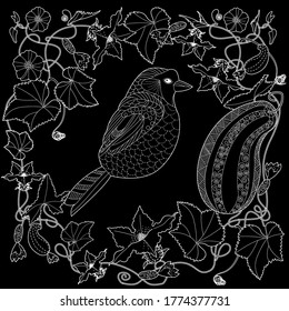 Art therapy coloring page. Coloring Book for adults and children. Cute wreath with bird and flowers. Antistress freehand sketch drawing with doodle and zentangle elements.