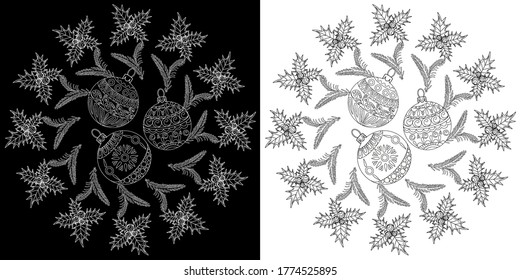 Art therapy coloring page. Coloring Book for adults and children. Outline Mandala and Christmas Tree Ornament for coloring book. Decorative round ornament.