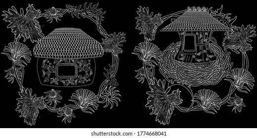 Art therapy coloring page. Coloring Book for adults and children. Cute wreath with birdhouse and flowers. Antistress freehand sketch drawing with doodle and zentangle elements.
