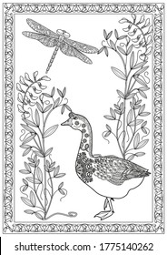 Art therapy coloring page. Coloring Book for children and adults. Colouring pictures with goose. Antistress freehand sketch drawing with doodle and zentangle elements.