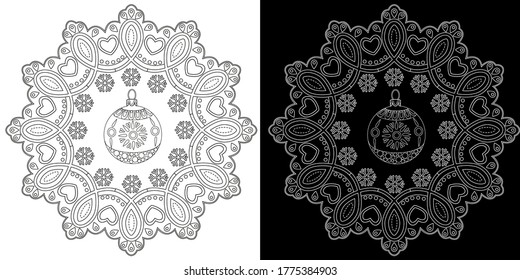 Art therapy coloring page. Coloring Book for adults and children. Outline Mandala and Christmas Tree Ornament for coloring book. Decorative round ornament.