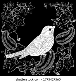 Art therapy coloring page. Coloring Book for adults and children. Cute wreath with bird and flowers. Antistress freehand sketch drawing with doodle and zentangle elements.