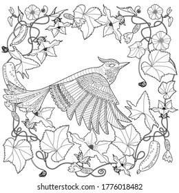 Art therapy coloring page. Coloring Book for adults and children. Cute wreath with bird and flowers. Antistress freehand sketch drawing with doodle and zentangle elements.