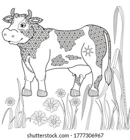 Art therapy coloring page. Coloring Book for children and adults. Colouring pictures with cow. Antistress freehand sketch drawing with doodle and zentangle elements.