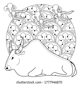 Art therapy coloring page. Coloring Book for children and adults. Colouring pictures with bull. Happy new year 2021. Year of the bull.