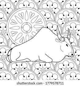 Art therapy coloring page. Coloring Book for children and adults. Colouring pictures with bull. Happy new year 2021. Year of the bull.