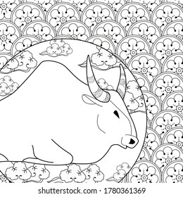 Art therapy coloring page. Coloring Book for children and adults. Colouring pictures with bull. Happy new year 2021. Year of the bull.