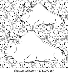 Art therapy coloring page. Coloring Book for children and adults. Colouring pictures with bull. Happy new year 2021. Year of the bull.