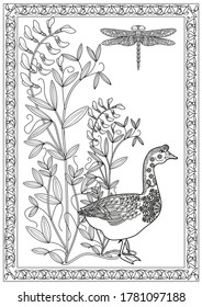 Art therapy coloring page. Coloring Book for children and adults. Colouring pictures with goose. Antistress freehand sketch drawing with doodle and zentangle elements.