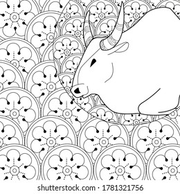 Art therapy coloring page. Coloring Book for children and adults. Colouring pictures with bull. Happy new year 2021. Year of the bull.