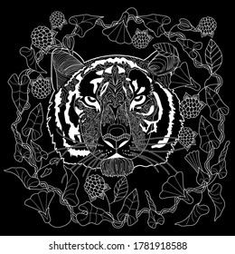 Art therapy coloring page. Coloring Book for adults and children. Colouring pictures with tiger. Antistress freehand sketch drawing with doodle and zentangle elements.