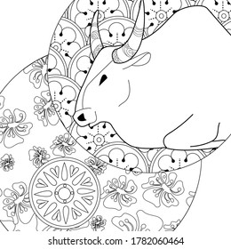 Art therapy coloring page. Coloring Book for children and adults. Colouring pictures with bull. Happy new year 2021. Year of the bull.