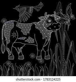 Art therapy coloring page. Coloring Book for children and adults. Colouring pictures with cow. Antistress freehand sketch drawing with doodle and zentangle elements.